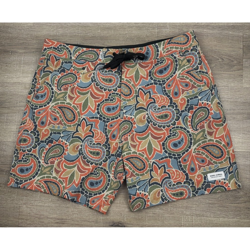 Banks Journal Paisley Board Shorts Mens 34 Muted Orange Blue Green Swim Trunks